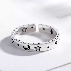 NEW ADJUSTABLE RESIZABLE STERLING SILVER HAPPY FACE STAR MOON RING